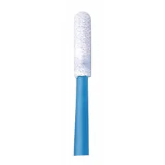 Polyester cleanroom swab with a rectangular tip (7/16 in length, 1/8 in width) and white polyester handle (2 3/8 in length). Free of amines, silicones, and static dissipative coatings. Suitable for precision cleaning and solvent application in static-sensitive environments.
