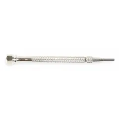 Straight single-end scriber with a round steel body and knurled handle for secure grip. Nonmagnetic construction with a removable, threaded carbide tip. Used for marking precise lines on metal, plastic, and other hard surfaces in fabrication, machining, and maintenance tasks.