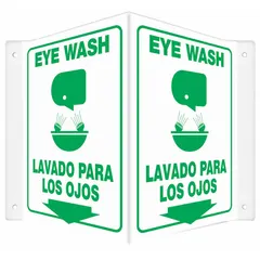 PETG sign with V-shape projection for clear visibility. Nominal size 12 in x 14 in, 0.06 in thick. Features mounting holes for wall attachment. Not retroreflective, not glow-in-the-dark, no anti-slip surface. Used to identify eye wash stations in industrial or commercial facilities.