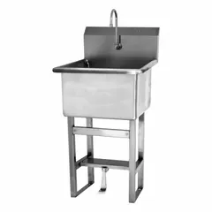 This one-station freestanding hand sink with faucet is constructed from 14 ga material. The bowl measures 24 inches in length and 12 inches in depth. The faucet has a flow rate of 0.5 gpm. Side splash is not included. Typical applications include commercial handwashing in facilities where a dedicated hygiene station is required.