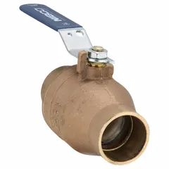 Two-way bronze ball valve with 2-inch sweat connections and lever handle. Rated for 600 psi CWP. Used for on/off flow control in plumbing and HVAC systems.
