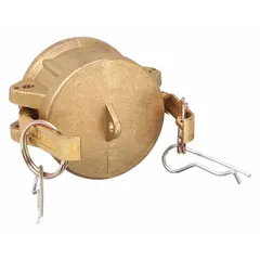 This forged brass dust cap seals and protects cam-and-groove couplings when not in use, preventing dirt, debris, and moisture ingress. It has a 1-1/2 in coupling size, 250 psi maximum working pressure at 70°F, and 3-3/32 in overall length. The nitrile gasket ensures a secure seal in fluid-transfer systems.