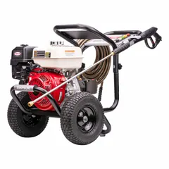 Gas-powered cold water pressure washer on a wheeled cart. Delivers 4000 psi at 3.5 gpm, powered by a Honda engine. Suitable for cleaning equipment, machinery, concrete, and vehicles in industrial and commercial settings.