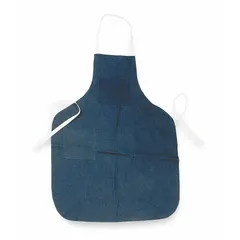 Bib apron in blue denim with 7.5 oz/sq yd fabric weight. Measures 36 inches in length and 28 inches in width. Features tie neck closure and waist ties. Suitable for general workshop, maintenance, and material handling tasks.