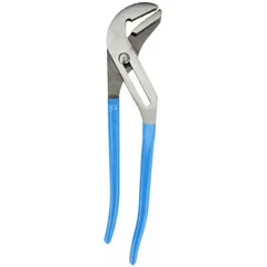 Flat-jaw groove joint pliers with a 16 1/2 in overall length and a 3 3/4 in max jaw opening. The flat-jaw design provides a secure grip on flat surfaces, and the groove joint mechanism allows quick adjustment to multiple positions. Suitable for gripping and turning nuts, bolts, and pipes in maintenance, plumbing, and mechanical tasks.