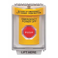 Yellow emergency power off push button for manual shutdown of equipment or systems. ADA compliant with a depth of 3 3/16 inches. Suitable for use near exits in industrial facilities to provide quick emergency power-off.