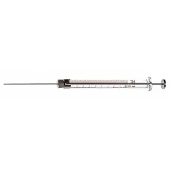 Gastight syringe with 100 µL capacity, borosilicate glass barrel, PTFE plunger and replaceable tip. Removable needle with point style 2, compatible with small RN hub needles. Individually packaged. Used for precise liquid handling in analytical chemistry and chromatography.