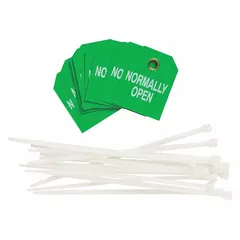 Pack of 10 green normally open tags with cable tie fasteners. Used to mark valves, equipment, or circuits that are normally open for lockout/tagout safety procedures. Cable tie allows quick attachment in industrial facilities.