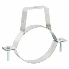 Steel duct hanger designed for supporting 6-inch round ductwork in HVAC systems. Includes a two-piece hanger assembly. Measures 8 3/8 inches in length and 6 inches in width. Suitable for overhead suspension of ventilation and exhaust ducts.