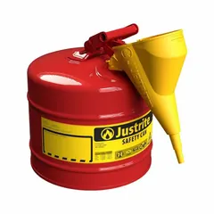This 5-gallon Type I safety can is designed for the storage, dispensing, and transport of flammable liquids. The red finish and included funnel facilitate controlled pouring and reduced spill risk. Suitable for industrial environments requiring safe handling of flammable materials.
