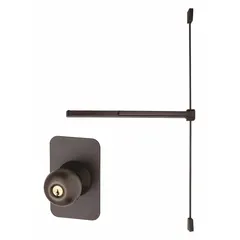 Surface vertical rod exit device with touchbar and knob trim in bronze finish. Designed for doors up to 3 ft wide, providing push-bar operation for emergency egress applications.