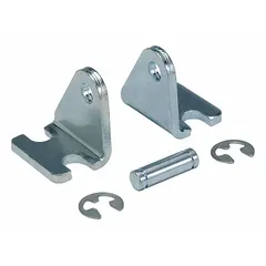 Clevis mount assembly for pneumatic or hydraulic cylinders with 2 to 2.5 inch bore diameters. Constructed of aluminum with an overall length of 3 inches. Provides a pivot point for cylinder rod attachment in industrial machinery and automation systems.