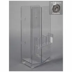 Wall-mounted cryo box holder made of clear PETG for organizing and securing up to 14 cryo boxes. Overall dimensions: 8 1/4 in width, 15 in height, 5 3/8 in length. Suitable for laboratory storage and transport applications.