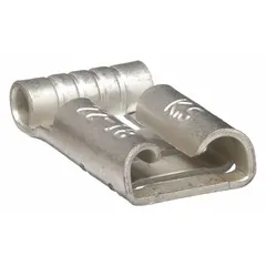 Non-insulated flag disconnect terminal for wire sizes 22 AWG to 18 AWG. Features a 0.25 in x 0.032 in tab size for use with standard quick-connect receptacles. Suitable for electrical connections in control panels, appliances, and industrial equipment where a flag-style terminal is required.