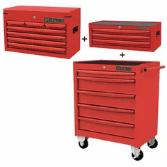 This light-duty top chest and rolling cabinet combo features 15 drawers with ball-bearing slides for smooth operation. The keyed locking system secures contents, and the red powder-coated finish resists wear. Suitable for organizing tools and small parts in workshops, garages, and light industrial settings.