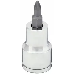 This Pozidriv bit socket features a #1 tip size and a 3/8 in drive. It has a fixed insert design and an overall length of 1 55/64 in. Suitable for driving Pozidriv screws in assembly, maintenance, and repair tasks.