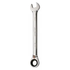 This 15/16 in SAE 12-point ratcheting combination wrench features a chrome finish and offset design. The ratcheting box end allows for efficient fastening without repositioning. Suitable for tightening or loosening fasteners in confined spaces.