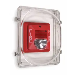 Clear polycarbonate protective cover for indoor wall-mounted strobe units. Flush mount style with included mounting hardware. Water resistant. Guards against physical damage and dust in commercial and industrial environments.