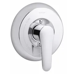 This KOHLER shower trim kit includes a circular metal trim plate and a metal lever handle in a polished chrome finish. It is designed for use with July Rite-Temp K-8304 or K-2971 pressure-balancing valves with diverters. The trim kit provides a clean, functional interface for controlling water flow and temperature in shower installations.