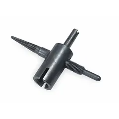 This 4-way valve tool is constructed of steel with an overall length of 6 1/2 inches. It features an Easy-Out design for removing damaged valve cores. Used for installing, removing, and servicing tire valve cores in vehicle maintenance.
