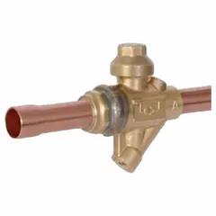 This sweat connection refrigeration ball valve from Parker features a 1 1/8 in female sweat connection for brazed installation. It includes a relief port for pressure safety and has a pressure rating of 700 psi. The valve is used in HVAC and refrigeration systems to control refrigerant flow.