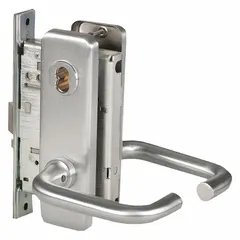 This office lever lockset features a satin chromium-plated stainless steel finish with a chrome appearance. It is ADA compliant for accessibility and includes an interchangeable core for key control. Designed for commercial interior doors, it is suited for applications requiring lever operation and key management.