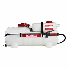 This CHAPIN interchangeable tank sprayer is designed for mounting on ATVs, tractors, or UTVs. It features a 15-gallon tank capacity and is suited for vehicle-mounted spraying applications such as weed control, pasture management, and general property maintenance.