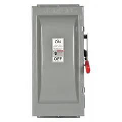 Non-fusible safety switch rated 100 A, three-phase, 600V AC. Galvanized steel enclosure for indoor use. Provides a visible disconnect means for industrial and commercial electrical systems, commonly used in motor control centers, HVAC equipment, and manufacturing lines for safe power isolation during maintenance or emergency shutdown.