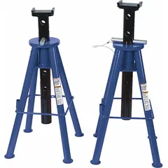 Steel jack stands with pin adjustment, square base, and rectangular saddle. Each pair supports up to 10 tons, with a maximum extended height of 47 1/8 inches. Used for supporting vehicles and heavy equipment during maintenance or repair in workshops and garages.