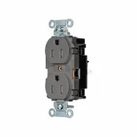 Duplex general-purpose receptacle rated 125V AC, 15A, with NEMA 5-15 configuration and 2-pole/3-wire grounding. Gray finish. Suitable for flush mounting in standard wall boxes in commercial and industrial settings for powering standard equipment