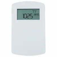 Wall-mounted fixed gas detector for continuous monitoring of carbon dioxide levels from 0 to 5000 ppm. Features a digital display and operates on 10 to 42V DC or 10 to 30V AC. BTL Listed, CE Compliant, and RoHS Compliant. Suitable for HVAC, indoor air quality, and industrial safety applications