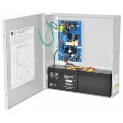 Steel-enclosed power supply board converting 115V AC input to selectable 12VDC at 3.5A or 24VDC at 3A. Suitable for powering controllers, locks, and sensors in industrial control panels, access control systems, and security installations.