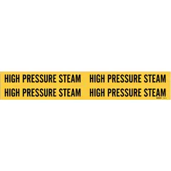 Yellow adhesive pipe marker with black legend reading 'High Pressure Steam'. Fits pipe outer diameters from 3/4 to 2-3/8 inches. Set includes 4 markers without arrows. Used for identifying high-pressure steam lines in industrial piping systems.