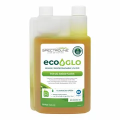 Fluorescent dye for refrigerant leak detection in HVAC and refrigeration systems. The green dye circulates with refrigerant and escapes at leak points, glowing under UV light to pinpoint leaks. Supplied in a 32 oz bottle.