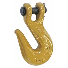 This CROSBY narrow-opening grab hook is made from alloy steel with a Grade 80 rating and a material thickness of 25/32 in. It is used for attaching chain to loads in lifting and rigging applications, providing secure load handling in industrial environments.