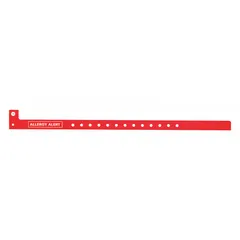 This plastic security wristband is designed for identification purposes in settings such as events, healthcare, and hospitality. The red color provides high visibility for alerting staff to specific conditions. Each wristband measures 12-7/8 inches in overall length and 1-1/8 inches in overall width. Supplied in a pack of 500.