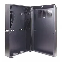 Steel vertical wall cabinet with 5 rack units of mounting space. Low-profile orientation for space-constrained installations. Includes rear cable pass-throughs for organized cable routing. Dimensions: 28 3/4 in x 25 5/8 in x 9 3/4 in.