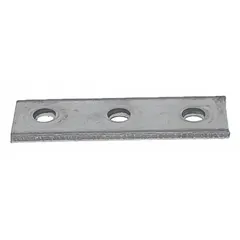 Splice flat plate for joining strut channel sections end-to-end. Made from 316 stainless steel with a silver finish. Provides a rigid connection for supporting piping, conduit, cable trays, and mechanical equipment in corrosive environments.