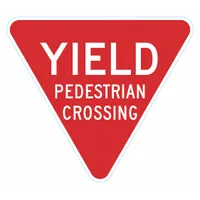 Aluminum triangle sign with mounting holes for permanent installation. High Intensity Prismatic (HIP) retroreflective grade provides visibility in low-light conditions. Used to control pedestrian and bicycle traffic at crosswalks, intersections, and construction zones