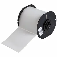 This precut label roll consists of 300 gray metalized polyester labels, each measuring 4 in x 4 in. The material is halogen-free and designed for use with the BBP33 printer series. Typical applications include asset tagging, cable marking, and equipment labeling in environments requiring resistance to chemicals, abrasion, and temperature extremes.