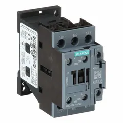 This Siemens non-reversing IEC contactor is rated for 25 A with 3 poles and 3 normally open contacts. It operates on a 24V AC coil and does not include integrated surge suppression. Typical applications include switching motors, lighting, and other inductive loads in industrial control panels for conveyors, pumps, and HVAC systems.