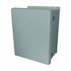 This nonmetallic enclosure is constructed of fiberglass reinforced polyester and measures 19 in x 17 in x 10 in. It is NEMA 3RX rated for protection against rain, sleet, and corrosion. The hinged cover includes a padlock hasp for secure closure. Typical applications include outdoor and washdown environments where corrosion resistance is required.