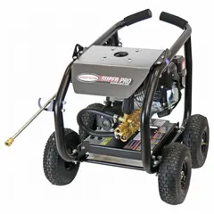 This gas-powered cold water pressure washer is mounted on a cart for mobility. It delivers 3600 psi at 2.5 gpm, powered by a SIMPSON engine. Suitable for cleaning driveways, decks, construction equipment, and industrial surfaces.