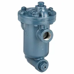 Cast-iron inverted-bucket steam trap with 1 1/4-inch FNPT connections, rated for 3,500 lb/hr capacity at 250 psi maximum pressure and 450°F maximum temperature. Designed for horizontal in-line installation to remove condensate from steam lines. Includes an integral strainer.