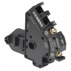 The Siemens 49AB01 is a side-mounted auxiliary contact block with one normally closed (NC) pole, rated for 10 A maximum AC current. It is used to provide status indication or interlocking signals in motor starter and industrial control panel applications.