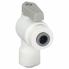 This Parker manual two-way ball valve features a 1/2-inch polypropylene angle body with a one-piece design and lever handle. It uses push x push connections for installation. Suitable for on/off flow control in industrial piping systems handling compatible fluids, such as in chemical processing or water treatment applications.