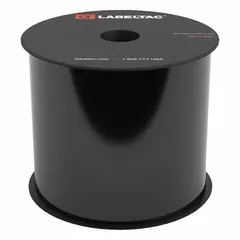 Continuous thermal transfer label roll for industrial labeling. Vinyl material with black gloss finish, 4 inches wide by 100 feet long. Rated for indoor and outdoor use. Compatible exclusively with LabelTac 4 Pro printer series (MPN LT403HT). Suitable for pipe marking, equipment identification, and safety signage.