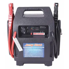 WESTWARD Battery Jump Starter: Charging, For 12 V DC_24 V DC Battery Volt, 1.1 A @ 12V, Auto On/Off. Key specifications — Charger Function: Charging; Charging Current @ Voltage: 1.1 A @ 12V; Cold Cranking Amps @ Voltage: 400 A @ 6V; Charge Type: Auto On/Off; Material: Plastic; For Use With Battery Type: Lead Acid; Brand: WESTWARD.