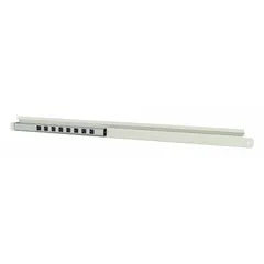 Aluminum electrical outlet strip and bin rail with 5 ft overall width. Includes 8 ft black power cord with plug. Compatible with model GRPT6030-ULG-2. Used as a raceway and apron rail in laboratory furniture to provide integrated power outlets and a rail for organizing tools or supplies.