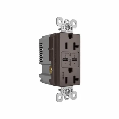 PASS & SEYMOUR Receptacle: Duplex, 5-15R, 2 USB Ports, USB Type C, Brown, 125V AC - Weather-Resistant Receptacles with USB Chargers